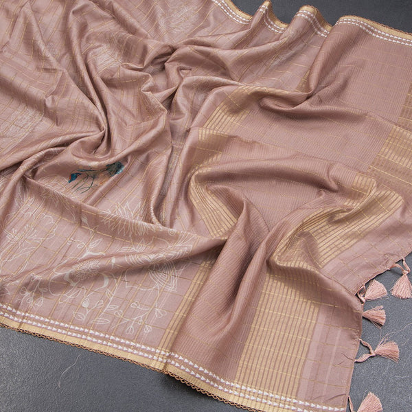 Tussar Light Brown Zari Checked Saree With Printed Work