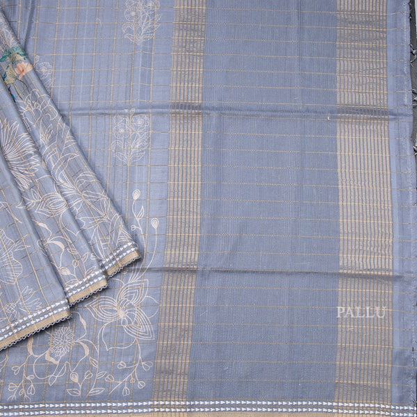 Tussar Grey Zari Checked Saree With Printed Work