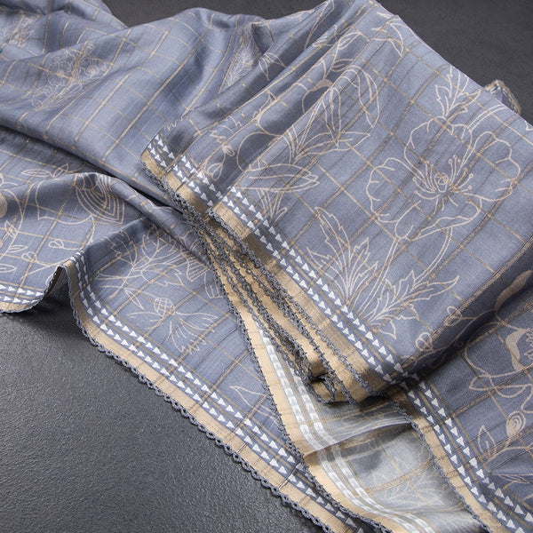 Tussar Grey Zari Checked Saree With Printed Work