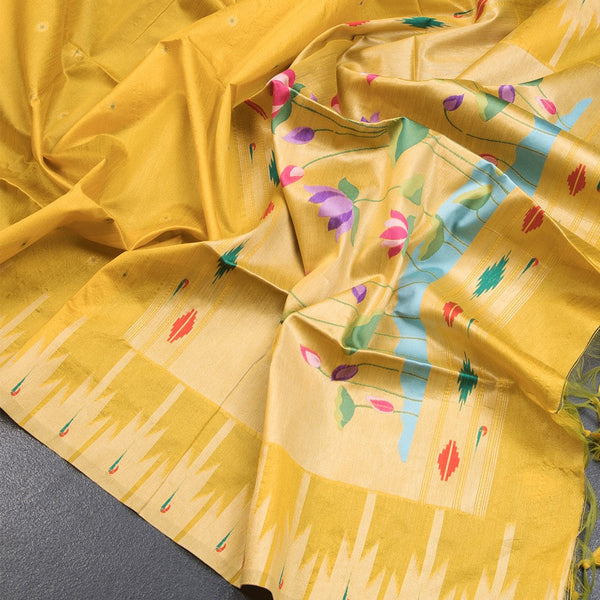 Raw Silk Mango Yellow Saree With Zari Buttas And Temple Border