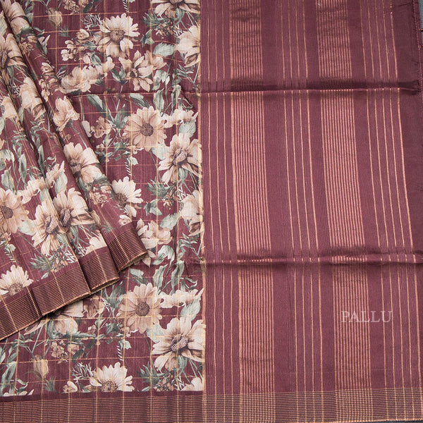Tussar Dark Maroon Zari Checked Saree With Printed Work