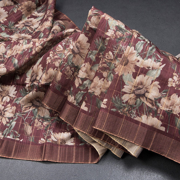 Tussar Dark Maroon Zari Checked Saree With Printed Work