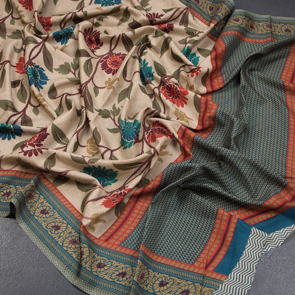 Tussar Cream Floral Printed Saree 04