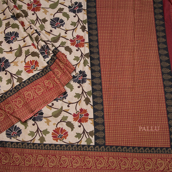 Tussar Cream Floral Printed Saree 05