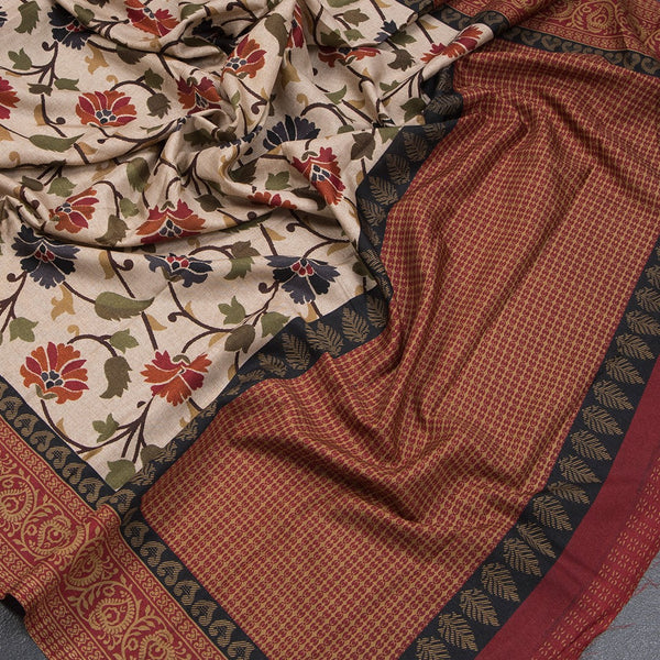 Tussar Cream Floral Printed Saree 05
