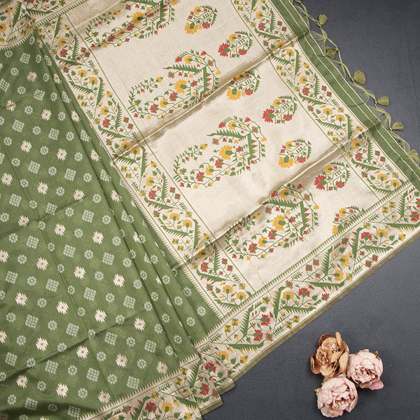 Raw Silk Pickle Green Zari Worked Saree With Printed Work