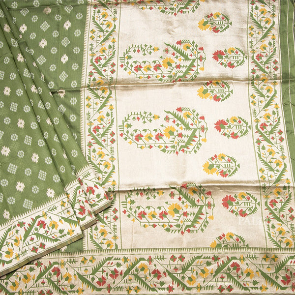 Raw Silk Pickle Green Zari Worked Saree With Printed Work