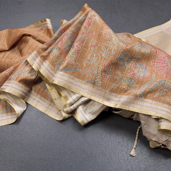 Tussar Choclate Brown Zari Checked Saree With Printed Work