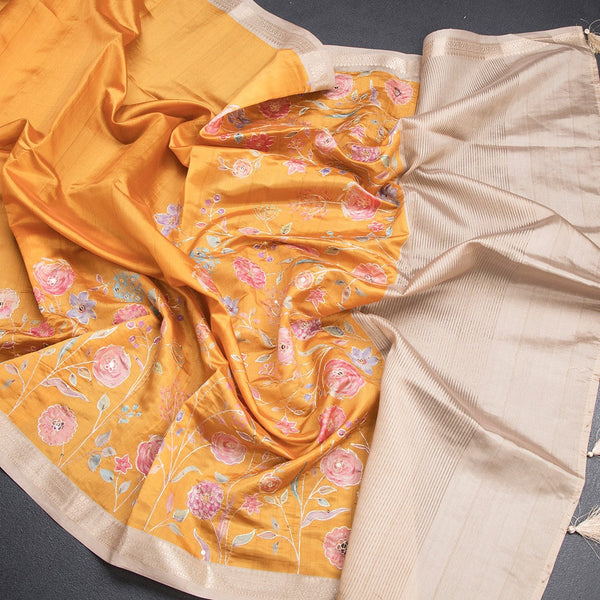 Katan Silk Mango Yellow Floral Printed Saree With Zari Border