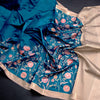 Katan Silk Peacock Blue Floral Printed Saree With Zari Border