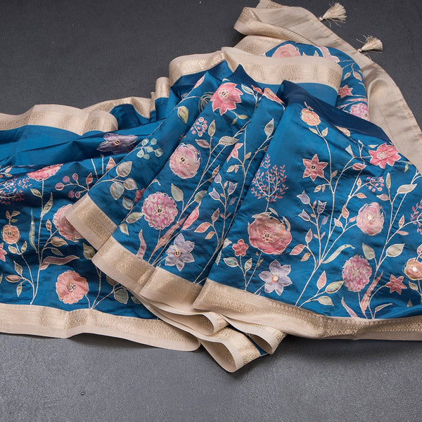 Katan Silk Peacock Blue Floral Printed Saree With Zari Border