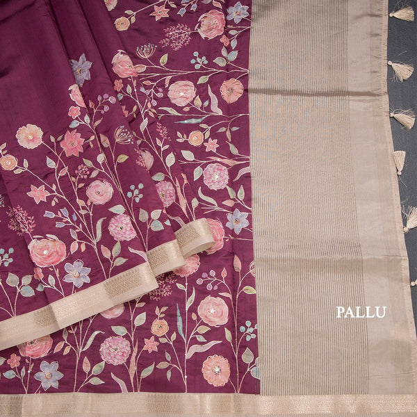 Katan Silk Wine Colour Floral Printed Saree With Zari Border