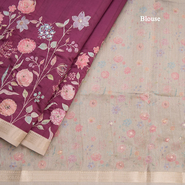 Katan Silk Wine Colour Floral Printed Saree With Zari Border