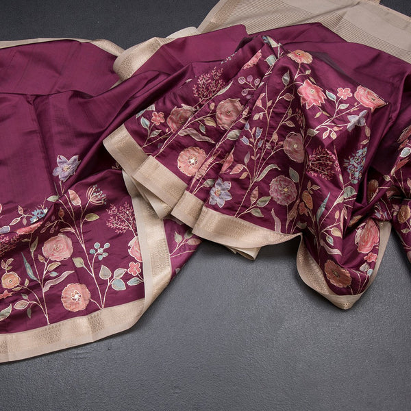 Katan Silk Wine Colour Floral Printed Saree With Zari Border