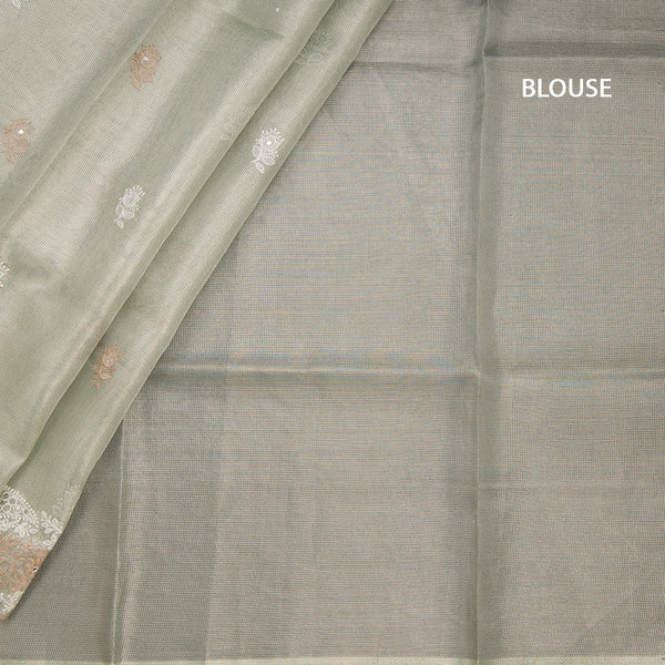 Tissue Kota Pista Green Thread Work Saree With Paisley Border