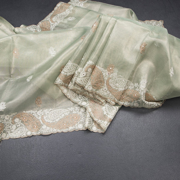 Tissue Kota Pista Green Thread Work Saree With Paisley Border