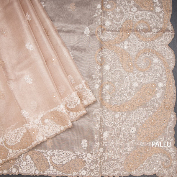 Tissue Kota Light Brown Thread Work Saree With Paisley Border