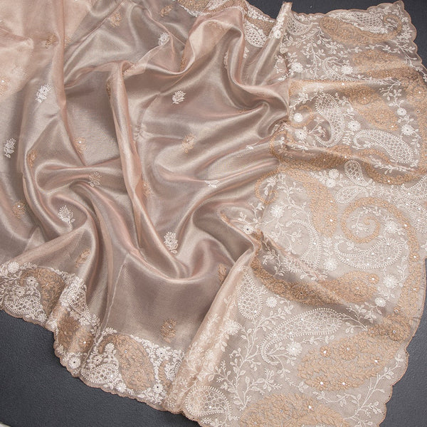 Tissue Kota Light Brown Thread Work Saree With Paisley Border