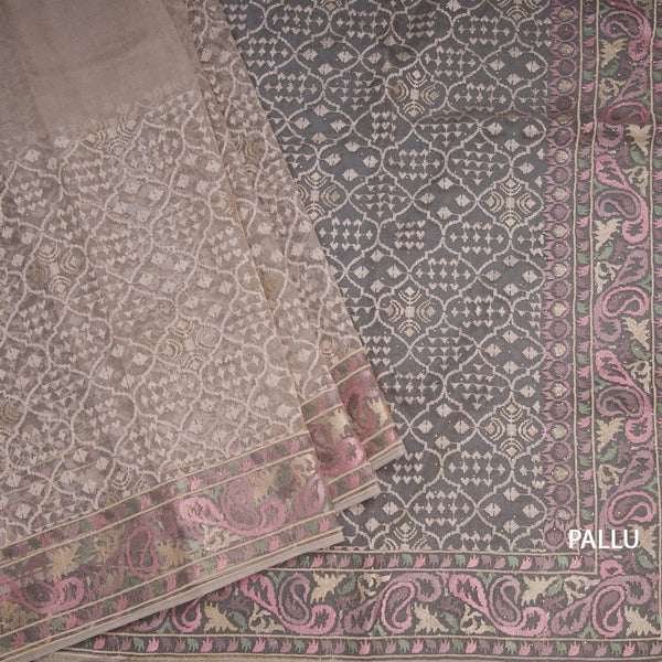 Organza Light Brown Thread Work Saree With Paisley Border