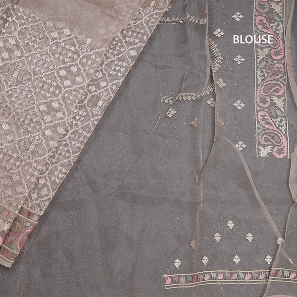 Organza Light Brown Thread Work Saree With Paisley Border