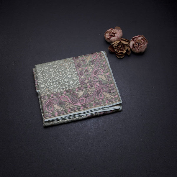 Organza Light Green Thread Work Saree With Paisley Border