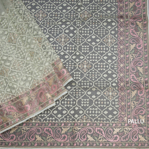 Organza Light Green Thread Work Saree With Paisley Border