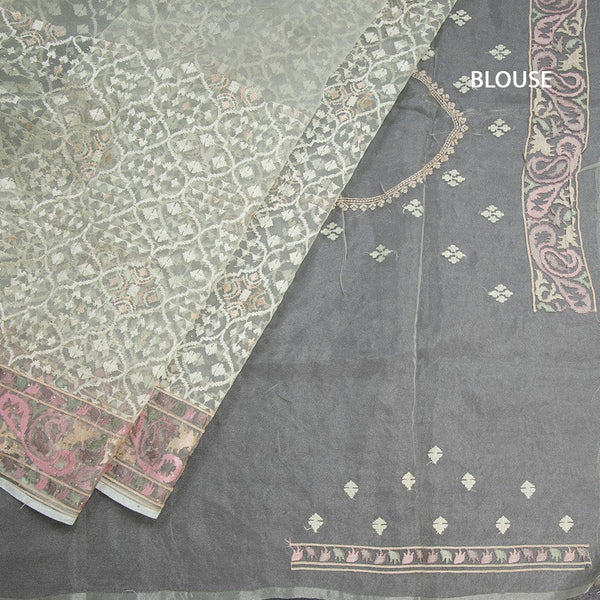 Organza Light Green Thread Work Saree With Paisley Border