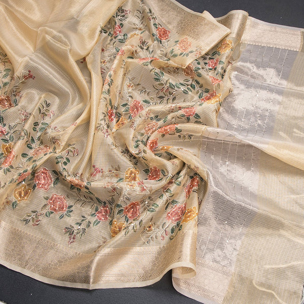 Kota Sandal Floral Printed With Thread Work Saree