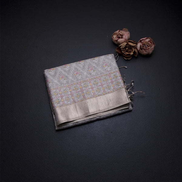 Kota Grey Thread Work Saree With Zari Border