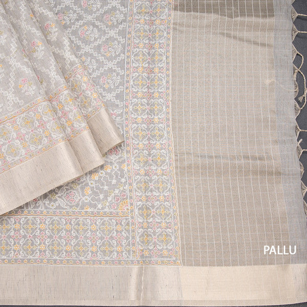 Kota Grey Thread Work Saree With Zari Border