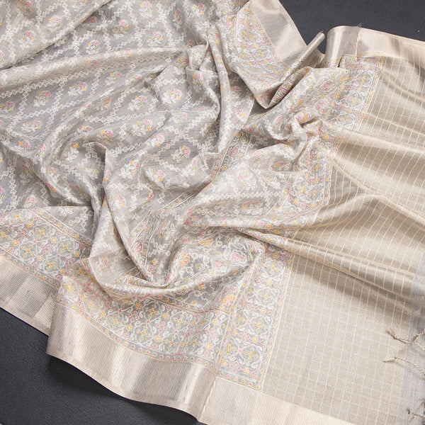 Kota Grey Thread Work Saree With Zari Border