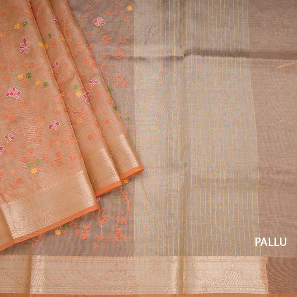 Tissue Kota Orange Thread Work Saree With Zari Border