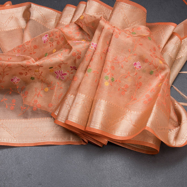 Tissue Kota Orange Thread Work Saree With Zari Border