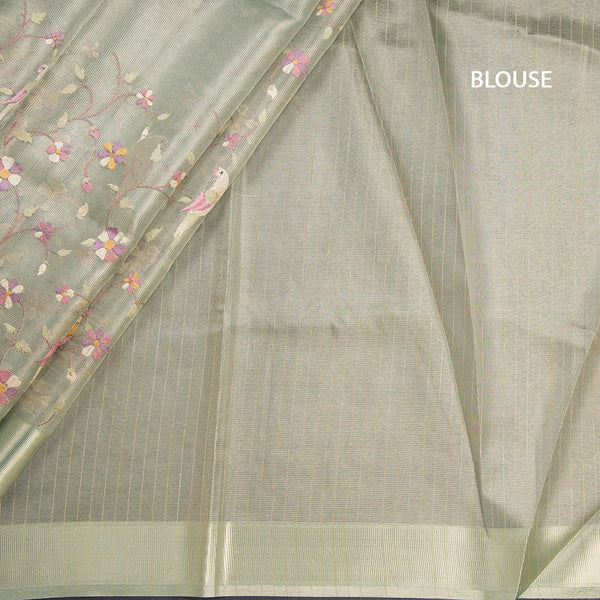 Tissue Kota Pista Green Thread Work Saree With Zari Border