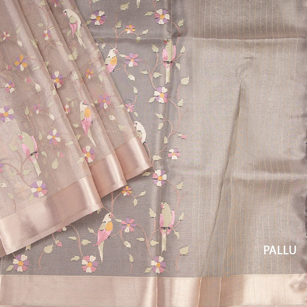 Tissue Kota Rose Gold Thread Work Saree With Zari Border