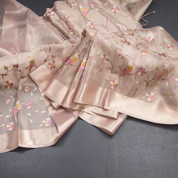 Tissue Kota Rose Gold Thread Work Saree With Zari Border