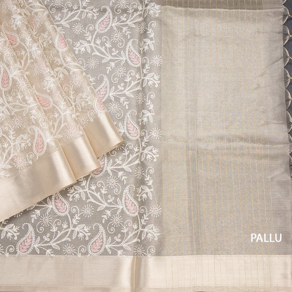 Tissue Kota Cream Thread Work Saree With Zari Border 03