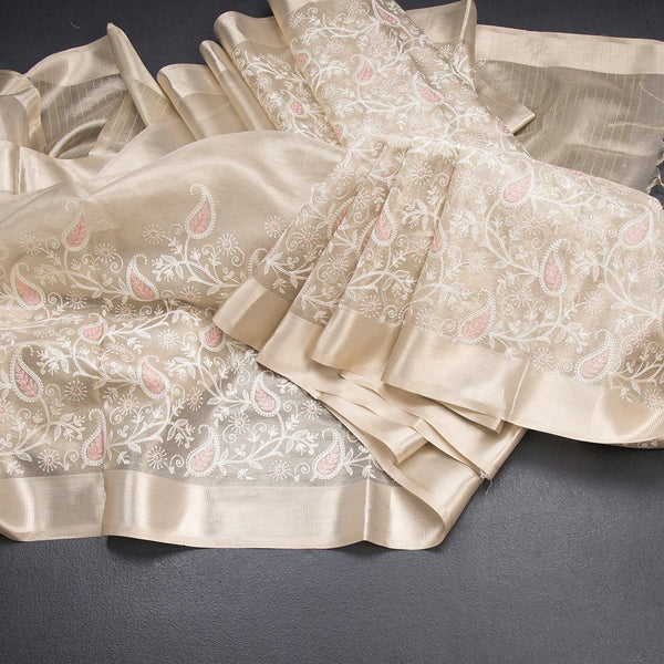 Tissue Kota Cream Thread Work Saree With Zari Border 03