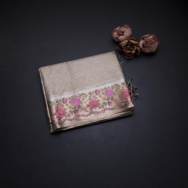 Kota Cream Thread Work Saree With Floral Border