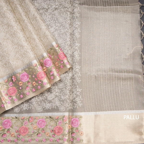 Kota Cream Thread Work Saree With Floral Border