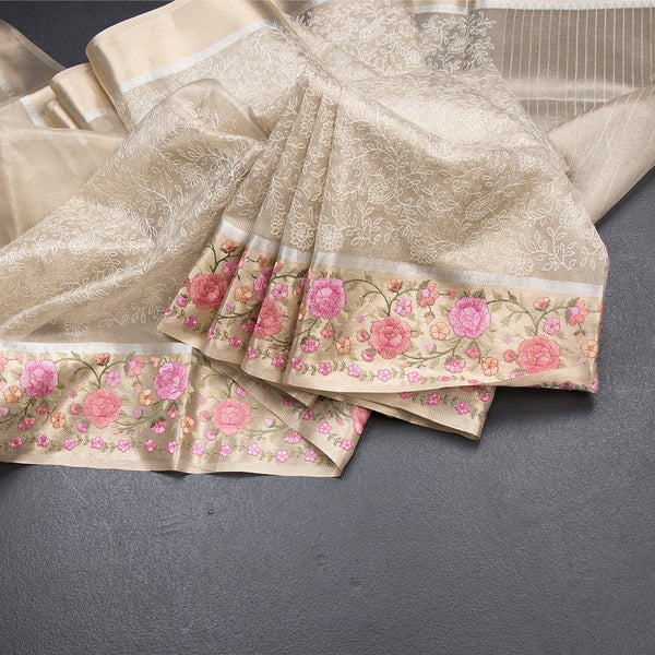 Kota Cream Thread Work Saree With Floral Border