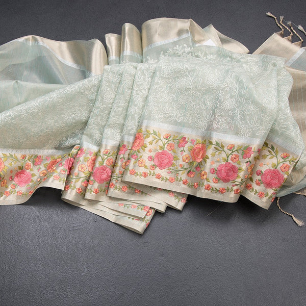 Kota Light Green Thread Work Saree With Floral Border