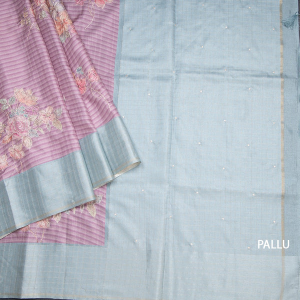 Raw Silk Onion Pink Stripes Printed Saree With Zari Checks Border