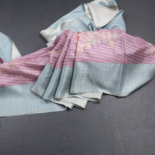 Raw Silk Onion Pink Stripes Printed Saree With Zari Checks Border