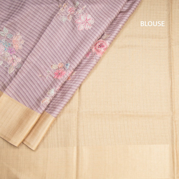Raw Silk Light Brown Stripes Printed Saree With Zari Checks Border