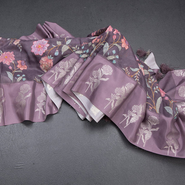 Tussar Plum Purple Floral Printed With Thread Work Saree