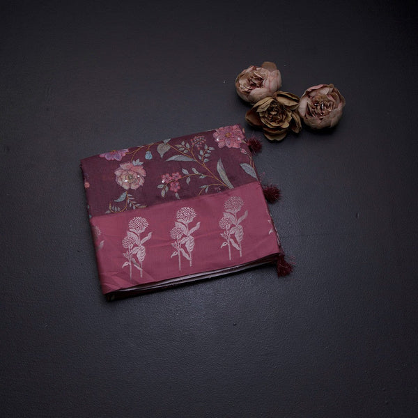 Tussar Light Maroon Floral Printed With Thread Work Saree