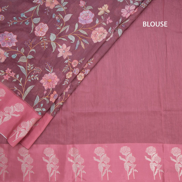 Tussar Light Maroon Floral Printed With Thread Work Saree