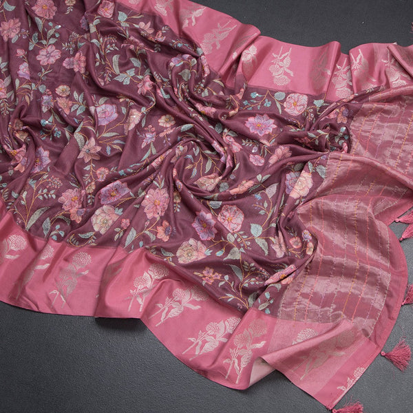 Tussar Light Maroon Floral Printed With Thread Work Saree