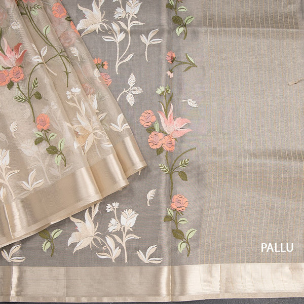 Tissue Kota Cream Thread Work Saree With Zari Border 04